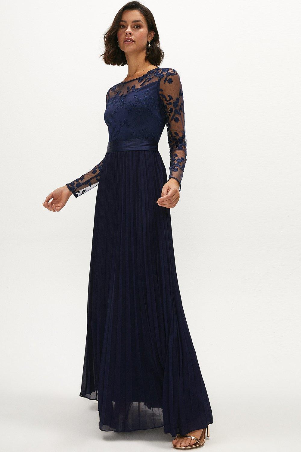 womens navy embroidered long sleeve maxi dress – yz-apparel.com